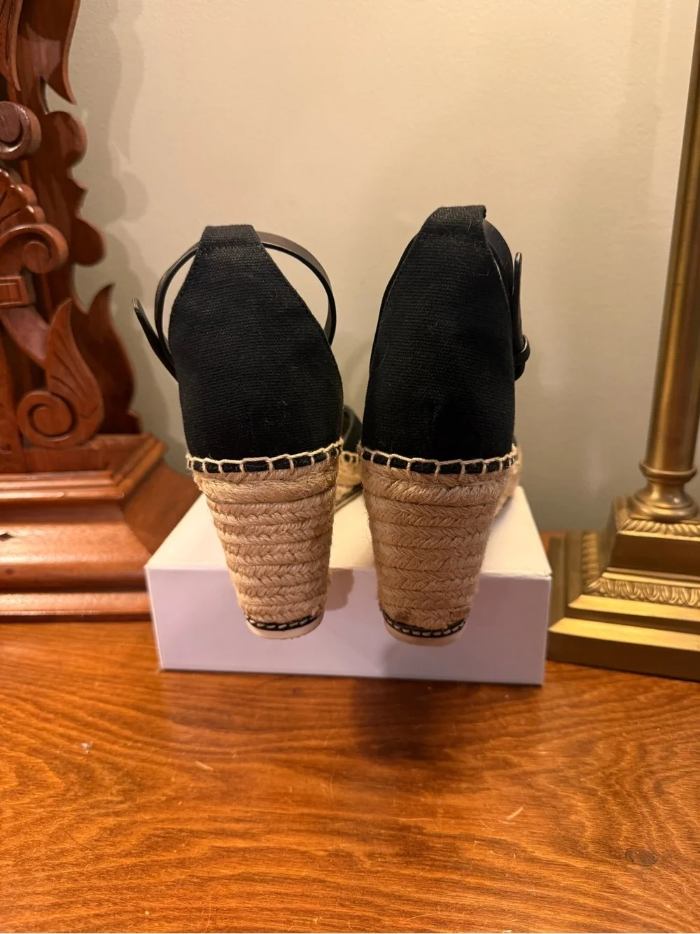 Tory Burch Black Canvas/Leather Espadrille Ankle-Strap Wedge Sandals Size 10.5